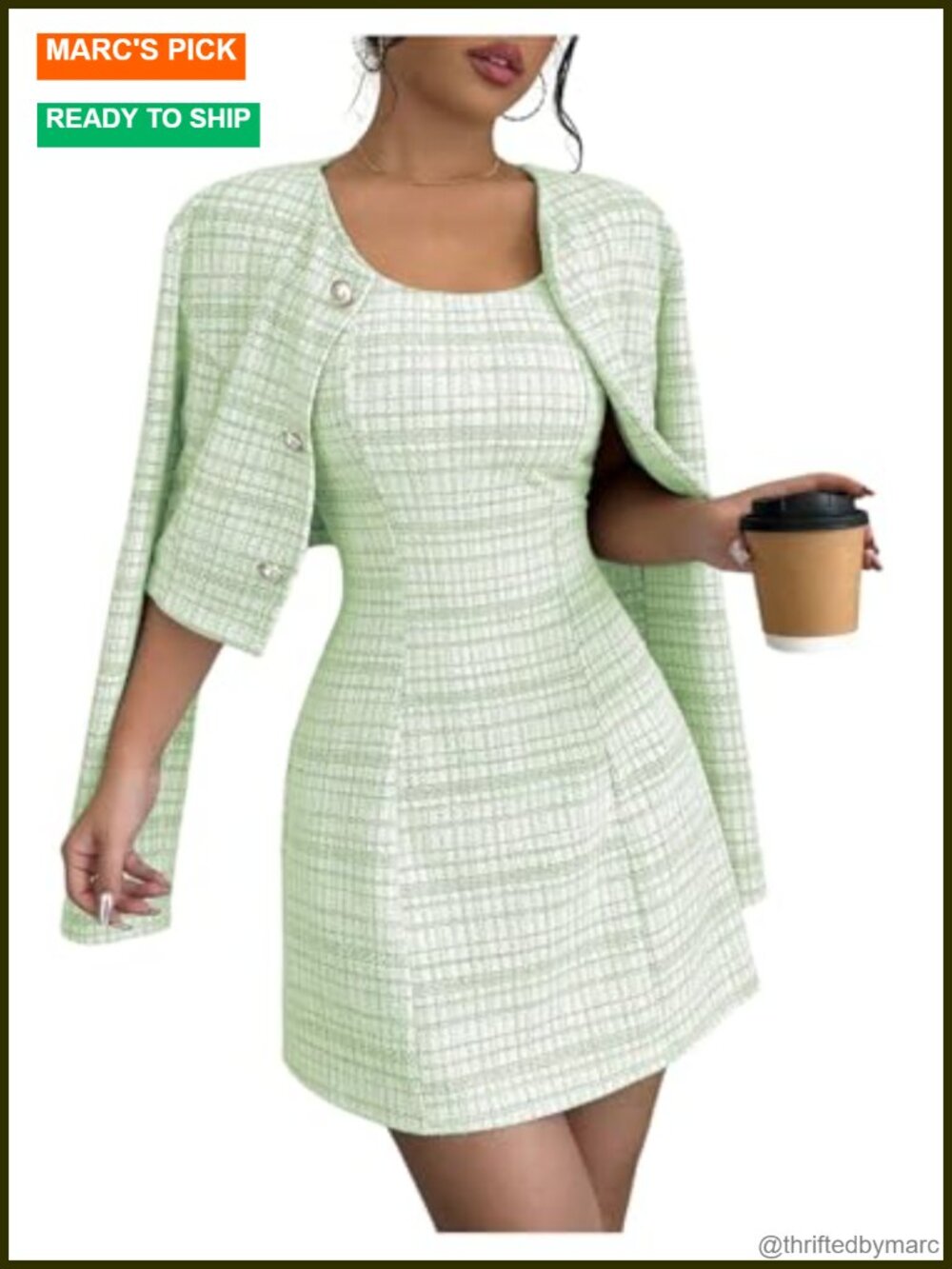 Women's 2 Piece Plaid Long Sleeve Cropped Jacket Dress Set
